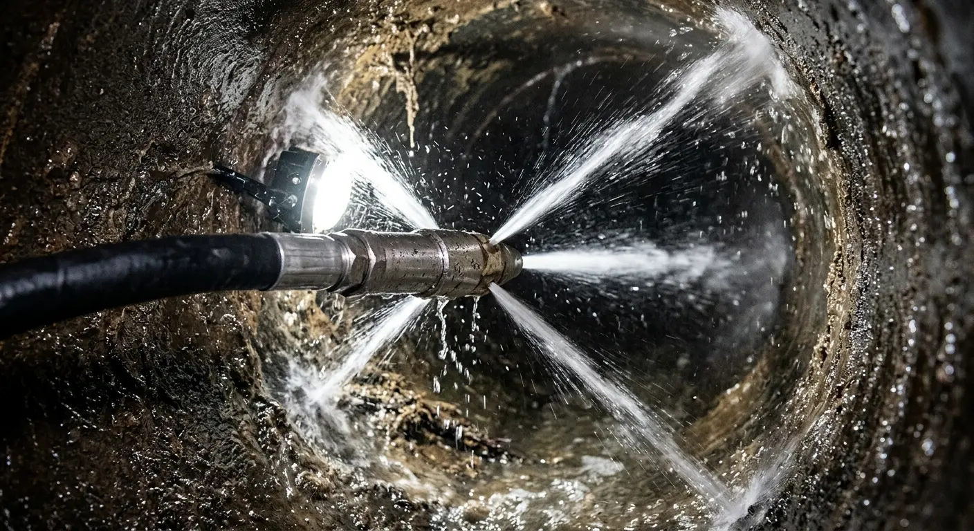 High-pressure hydro jetting nozzle cleaning sewer pipe for Emergency Drain Service in Peppermill Village