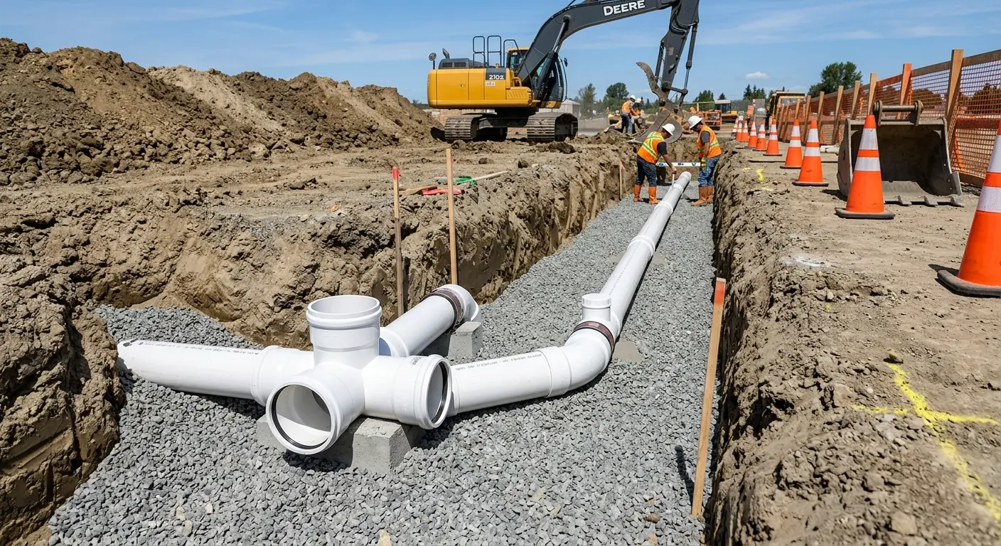 New PVC sewer pipe installation in open trench for Sewer Backup in Peppermill Village