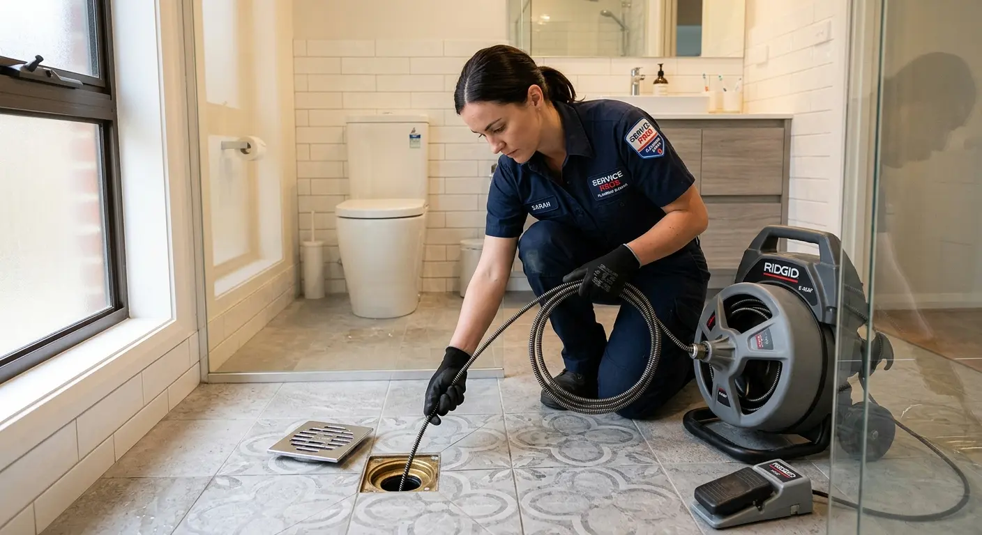 Technician clearing a bathroom floor drain for Clogged Drain Repair in Peppermill Village